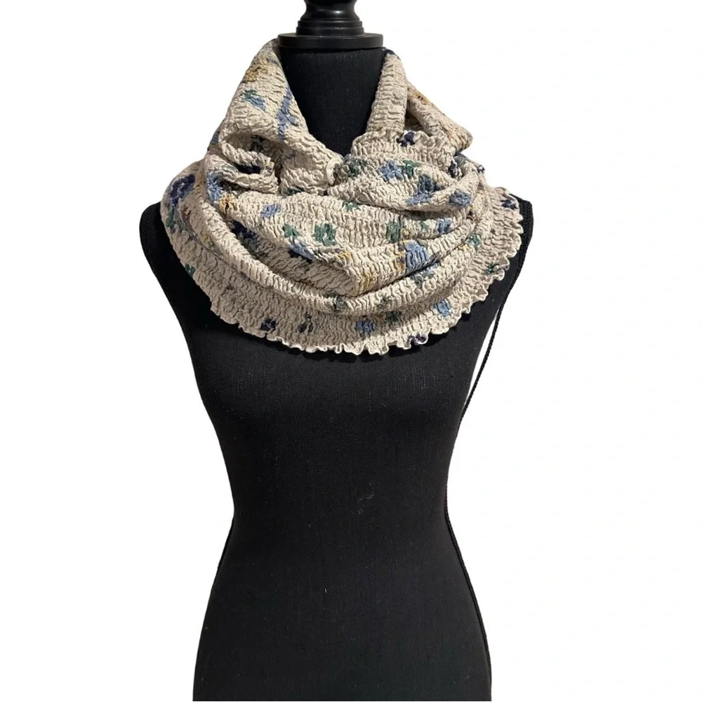 New Vintage Inspired Infinity Loop Scarf Floral Crinkled Chiffon Off White Airy